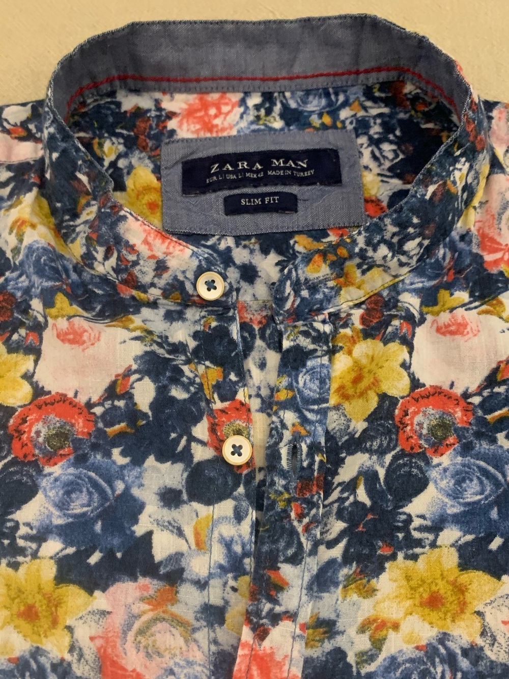ZARA LS Slim Fit Collarless Floral Shirt